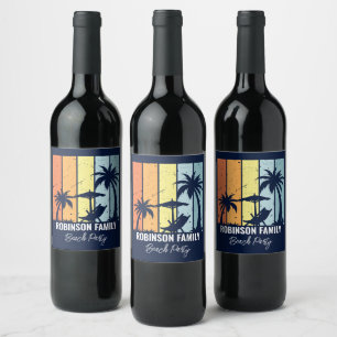 Cool Retro Beach Party Custom Navy Blue Wine Label