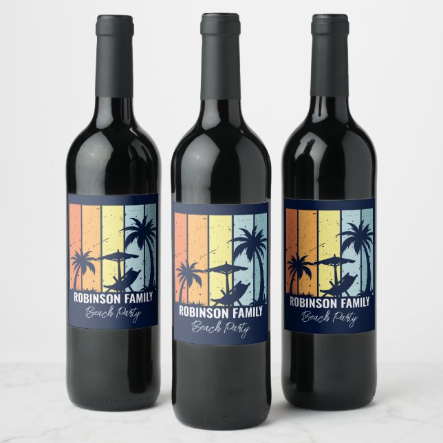 Cool Retro Beach Party Custom Navy Blue Wine Label (Bottles)