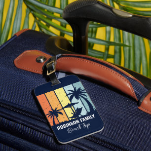 Cool Retro Beach Trip Custom Navy Blue Palm Trees Luggage Tag