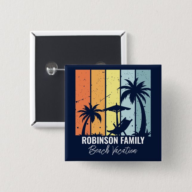 Cool Retro Beach Vacation Custom Navy Blue 15 Cm Square Badge (Front & Back)