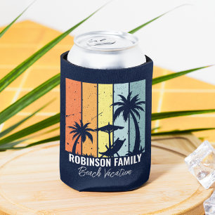 Cool Retro Beach Vacation Custom Navy Blue Can Cooler