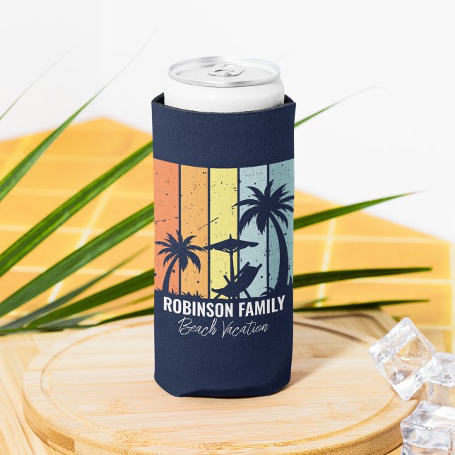 Cool Retro Beach Vacation Custom Navy Blue Seltzer Can Cooler (Creator Uploaded)