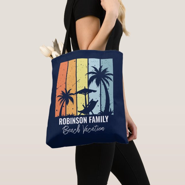 Cool Retro Beach Vacation Custom Navy Blue Tote Bag (Close Up)