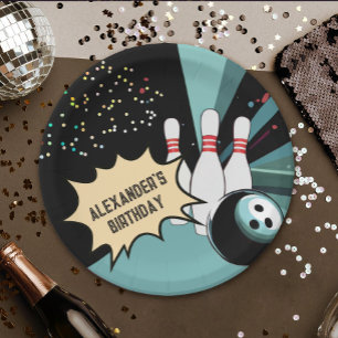 Cool Retro Bowling Pin Confetti Birthday Party Paper Plate