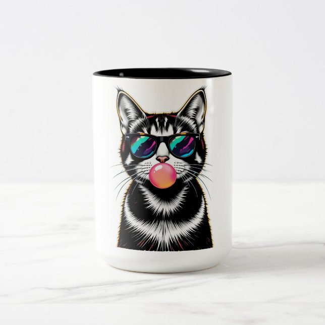 Cool Retro Cat – Bubblegum Pop Art Design Two-Tone Coffee Mug (Center)