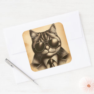 Cool Retro Cat in Aviator Sunglasses, Sepia Square Sticker