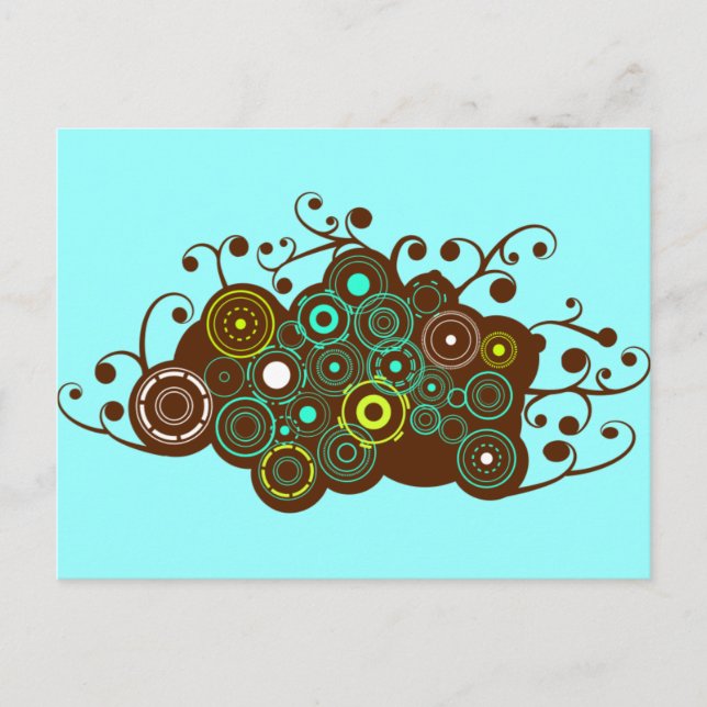 Cool retro circles & swirl brown turquoise card (Front)
