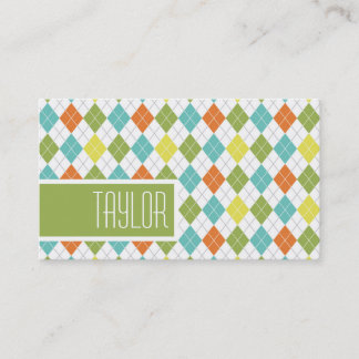 Cool, Retro Colourful Argyle, Orange Green Yellow Business Card
