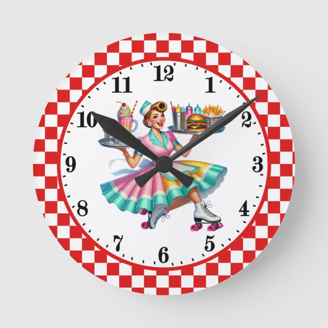 Cool Retro diner 50's server Round Clock (Front)