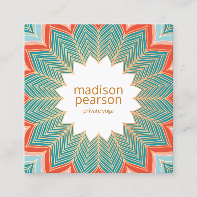 Cool Retro Lotus Mandala Flower Yoga Teacher Square Business Card (Front)