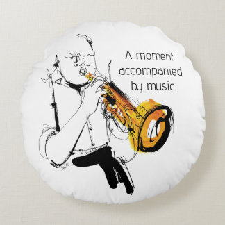 Cool Retro Man Playing Trumpet - Jazz Music Art Round Cushion