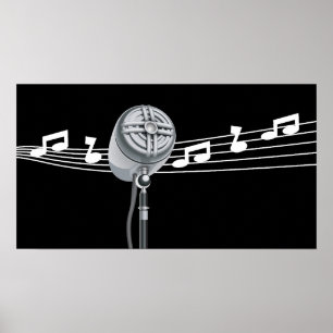 Cool Retro Mic & Musical Notes Black Custom Poster