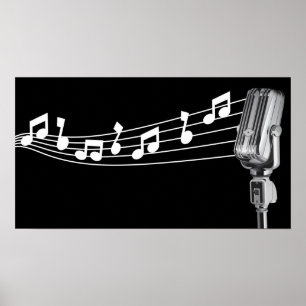 Cool Retro Mic & Musical Notes Black Custom Poster
