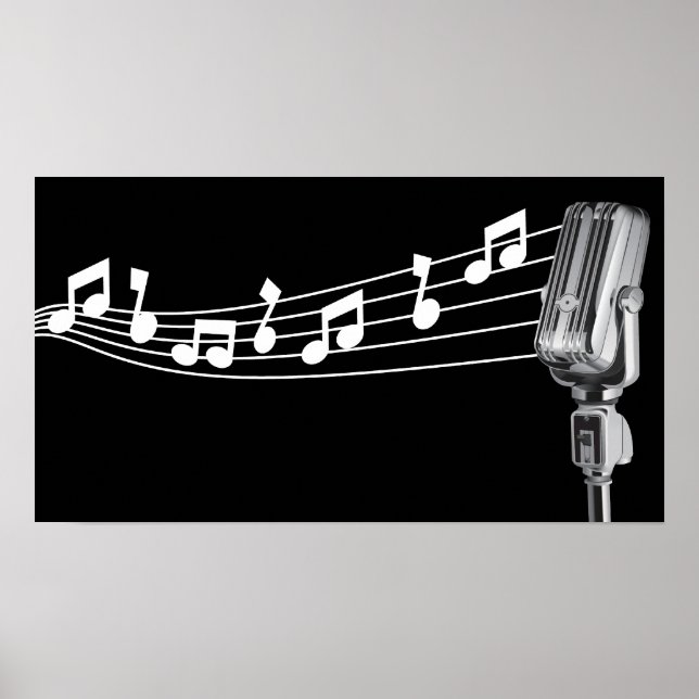Cool Retro Mic & Musical Notes Black Custom Poster (Front)