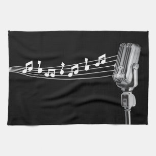 Cool Retro Mic & Musical Notes Black Tea Towel