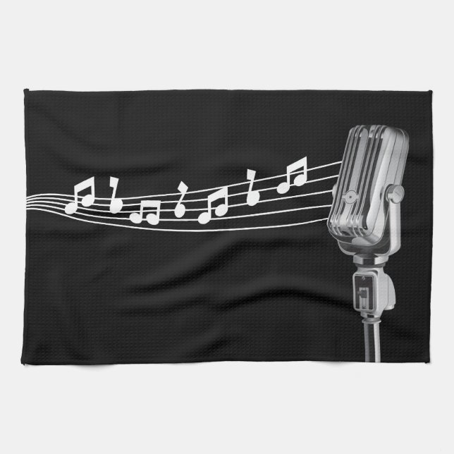 Cool Retro Mic & Musical Notes Black Tea Towel (Horizontal)