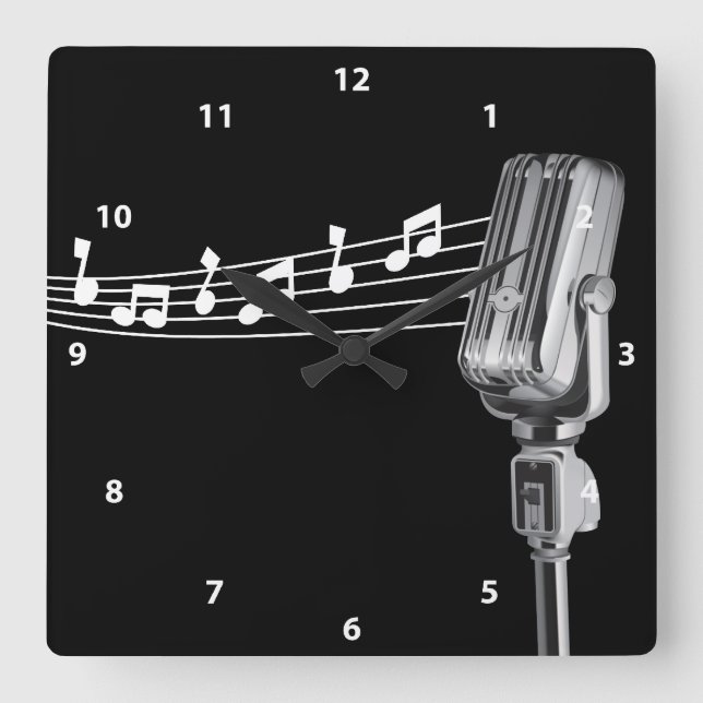 Cool Retro Microphone & Musical Notes Clock (Front)