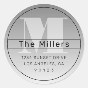 Cool Retro-Modern Address Black Grey Ombre Classic Round Sticker