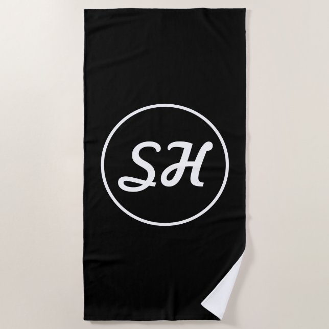 Cool Retro-Modern Style Monogram | Black & White Beach Towel (Front)