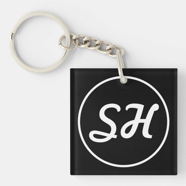 Cool Retro-Modern Style Monogram | Black & White Key Ring (Front)