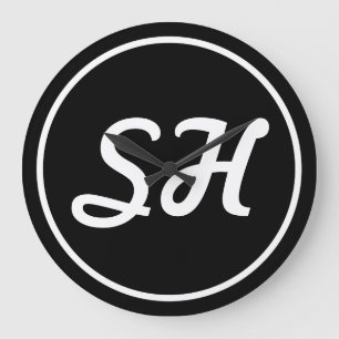 Cool Retro-Modern Style Monogram   Black & White Large Clock