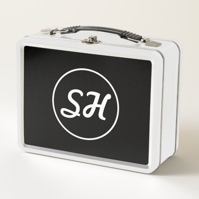 Cool Retro-Modern Style Monogram | Black & White Metal Lunch Box (Front)