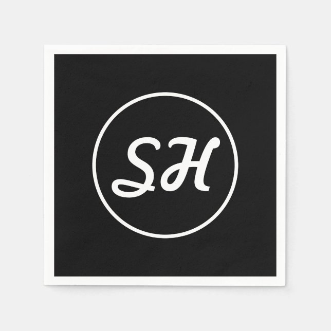 Cool Retro-Modern Style Monogram | Black & White Napkin (Front)