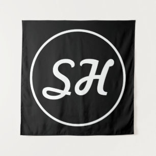 Cool Retro-Modern Style Monogram   Black & White Tapestry
