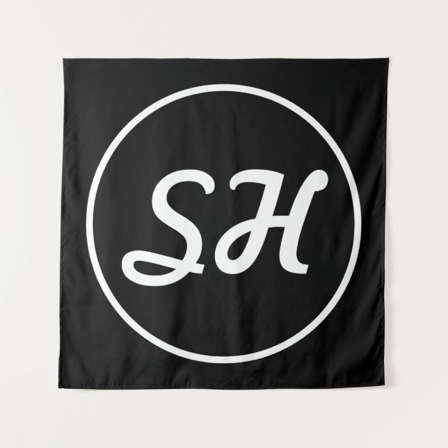 Cool Retro-Modern Style Monogram | Black & White Tapestry (Front)