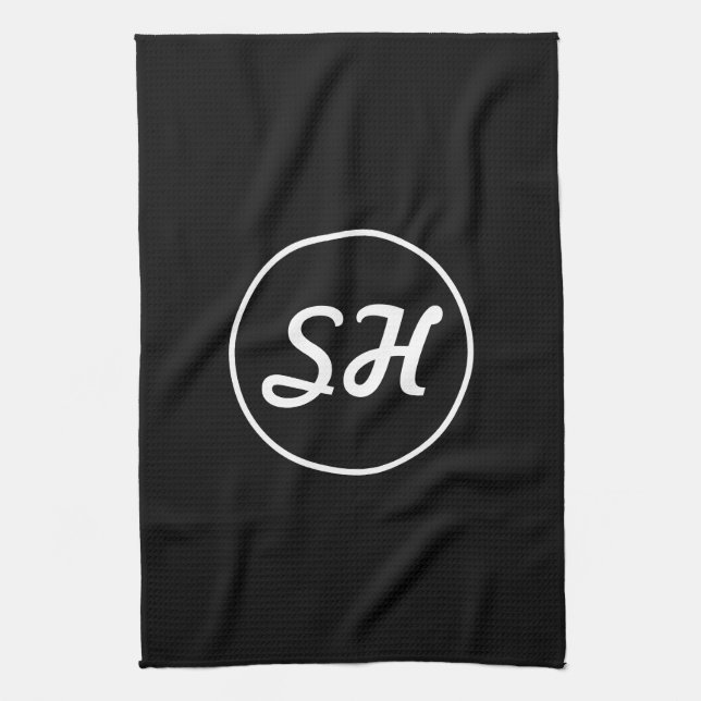 Cool Retro-Modern Style Monogram | Black & White Tea Towel (Vertical)