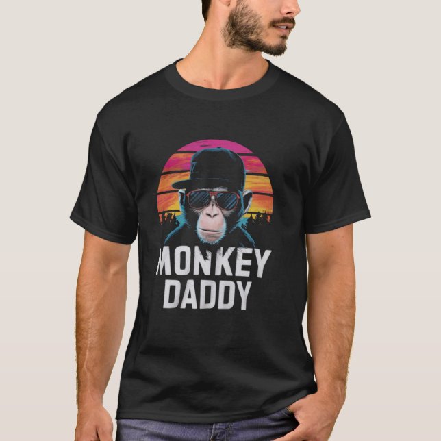 Cool Retro Monkey Daddy Drawing Sunset T-Shirt (Front)