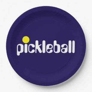 Cool Retro PICKLEBALL Text Navy Blue Background Paper Plate