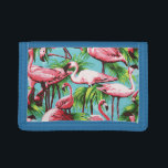 Cool Retro Pink Flamingoes Trifold Wallet<br><div class="desc">Nostalgic and cool design in bright graphic colours featuring pink flamingoes and green palm trees against a deep sky blue background.</div>