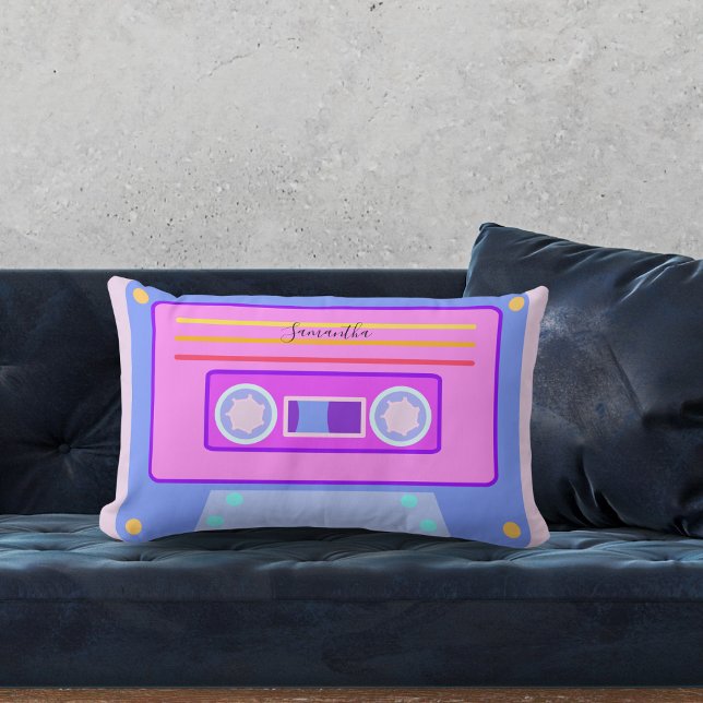 Cool Retro Pink Purple Blue 80s 90s Cassette Dorm Lumbar Cushion (Creator Uploaded)