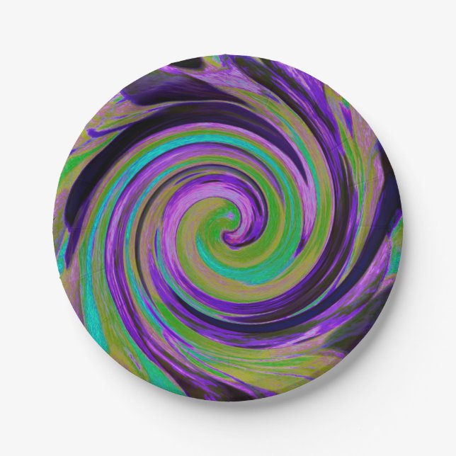 Cool Retro Purple and Chartreuse Liquid Art Swirl Paper Plate (Front)