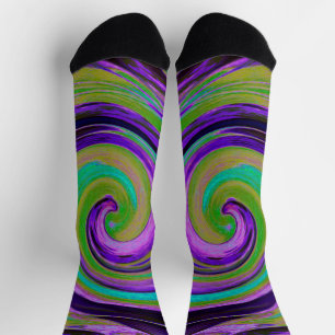 Cool Retro Purple and Chartreuse Liquid Art Swirl Socks