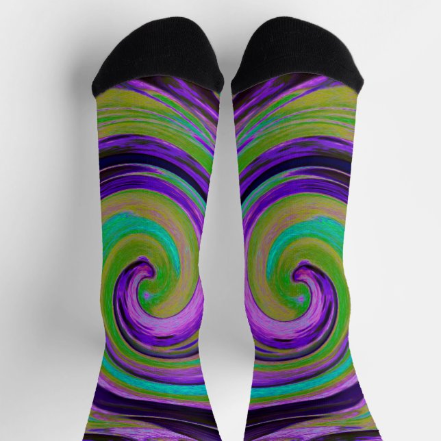 Cool Retro Purple and Chartreuse Liquid Art Swirl Socks (Top)