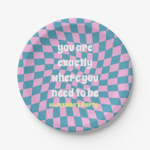 Cool retro quote pink blue chequered party theme paper plate