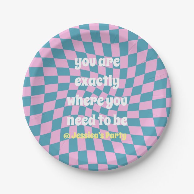 Cool retro quote pink blue chequered party theme paper plate (Front)