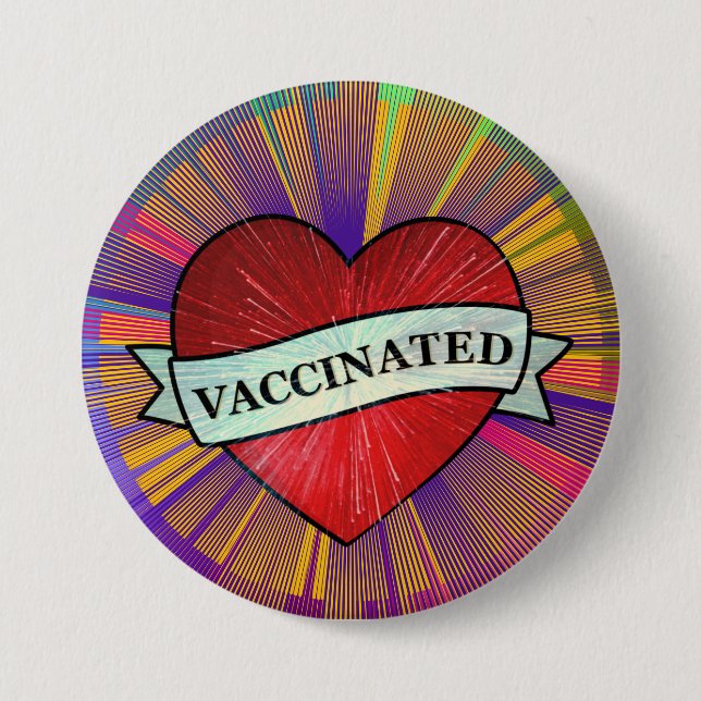 Cool Retro Rainbow Heart With Banner Vaccinated Bu 7.5 Cm Round Badge (Front)