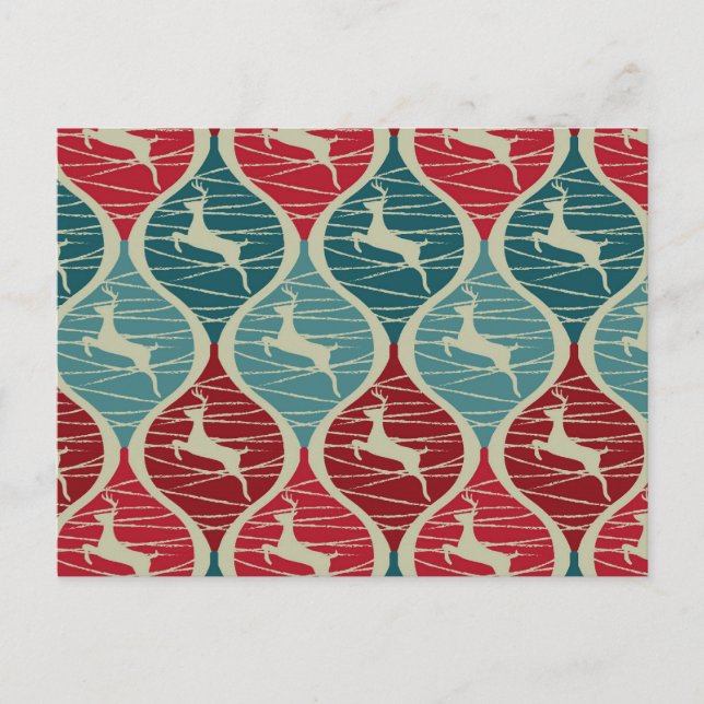 Cool Retro Red and Blue Christmas Reindeer Xmas Holiday Postcard (Front)