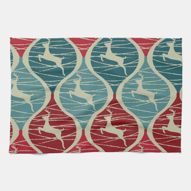 Cool Retro Red and Blue Christmas Reindeer Xmas Tea Towel (Horizontal)