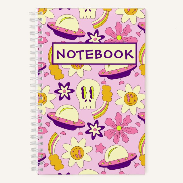 Cool Retro Skull, Flowers and UFO Notebook (Front)