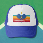 Cool Retro Stripes Custom Text Pickleball Player Trucker Hat<br><div class="desc">Super cool pickleball hat featuring colourful retro stripes,  pickleball paddles and ball.  Add 2 lines of custom text - custom saying,  club name,  monogram,  etc. Makes a perfect pickleball gift for pickleball partner,  coach - also great hats for your club. (easily change the colours of the stripes)</div>