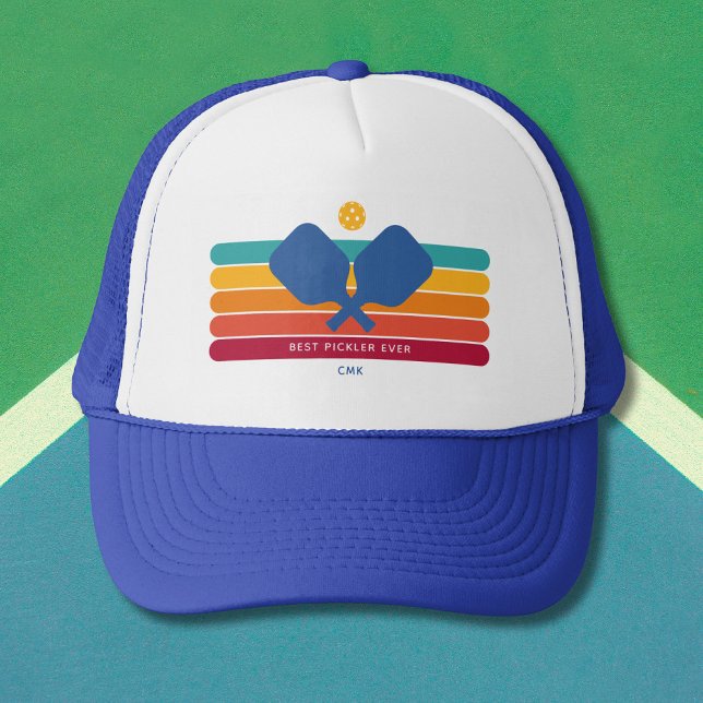 Cool Retro Stripes Custom Text Pickleball Player Trucker Hat (Creator Uploaded)