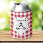 Cool Retro Summer BBQ Grill Utensils Red Check<br><div class="desc">The perfect can cooler for your summer bbq or cookout featuring a "logo style" design with crisscrossed grilling utensils and a flame set against a red gingham check background pattern. Personalise by adding your name, date and another line of custom text. Your guest will love this cool party favour. Check...</div>