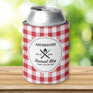 Cool Retro Summer BBQ Grill Utensils Red Check Can Cooler