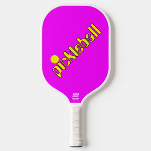 Cool Retro Summer Bright Yellow Text On Vivid Pink Pickleball Paddle