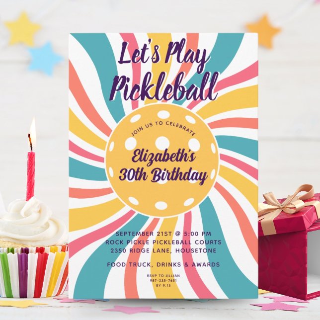 Cool Retro Sunburst Stripes Pickleball Party Invitation (Creator Uploaded)