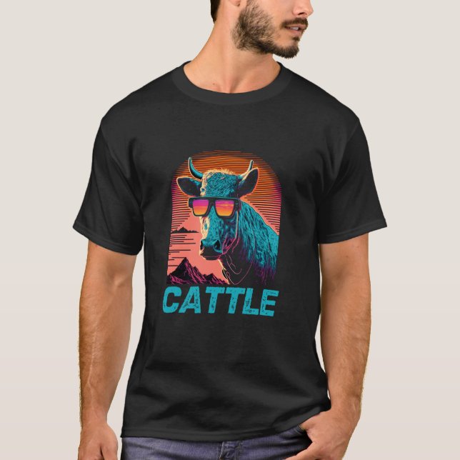 Cool Retro Sunset Sunglasses Cattle T-Shirt (Front)